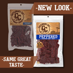 CATTLEMAN'S CUT close-up of jerky texture and marbling, shows tender slow-cooked steak quality