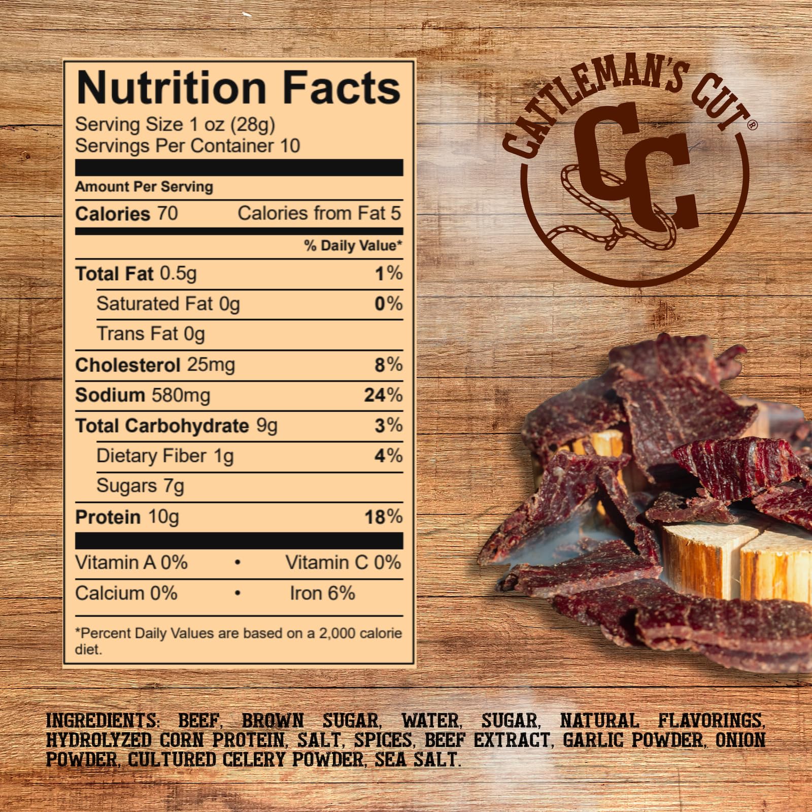 CATTLEMAN'S CUT jerky on a serving platter with nuts, ideal high-protein snack pairing