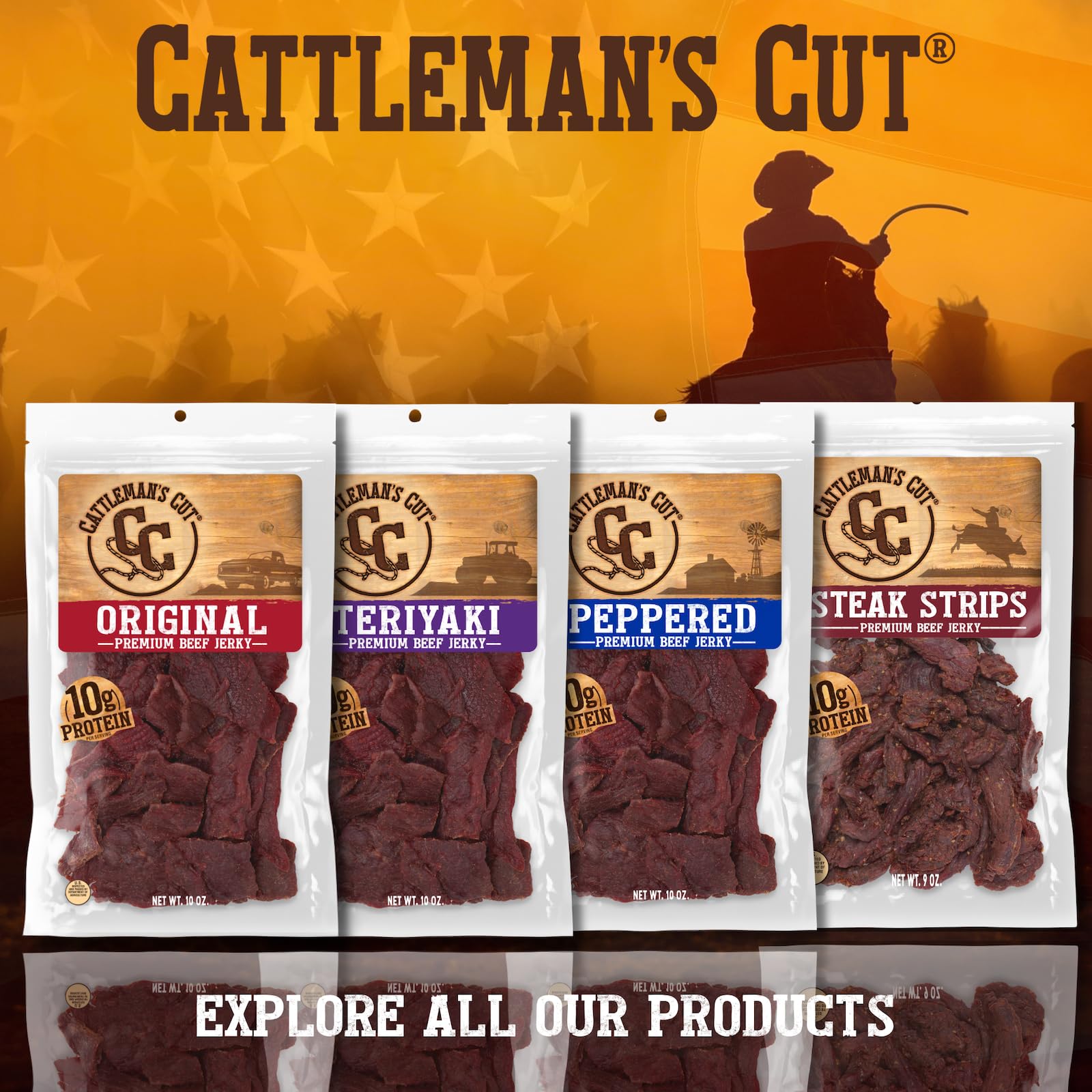 CATTLEMAN'S CUT jerky held in hand for size comparison, demonstrates portion and chunkiness