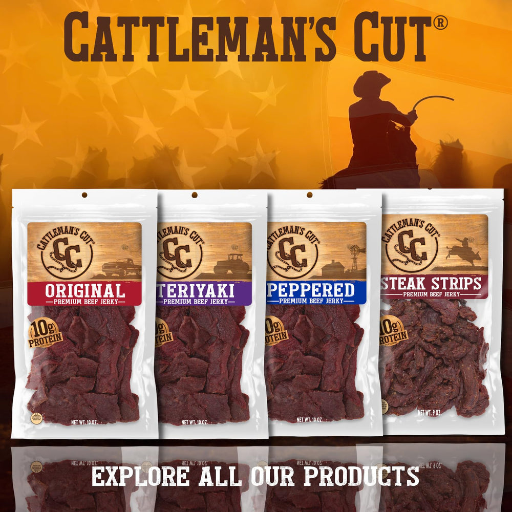CATTLEMAN'S CUT jerky held in hand for size comparison, demonstrates portion and chunkiness