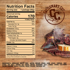 CATTLEMAN'S CUT jerky in hand showing 2 oz scale for portion control convenience