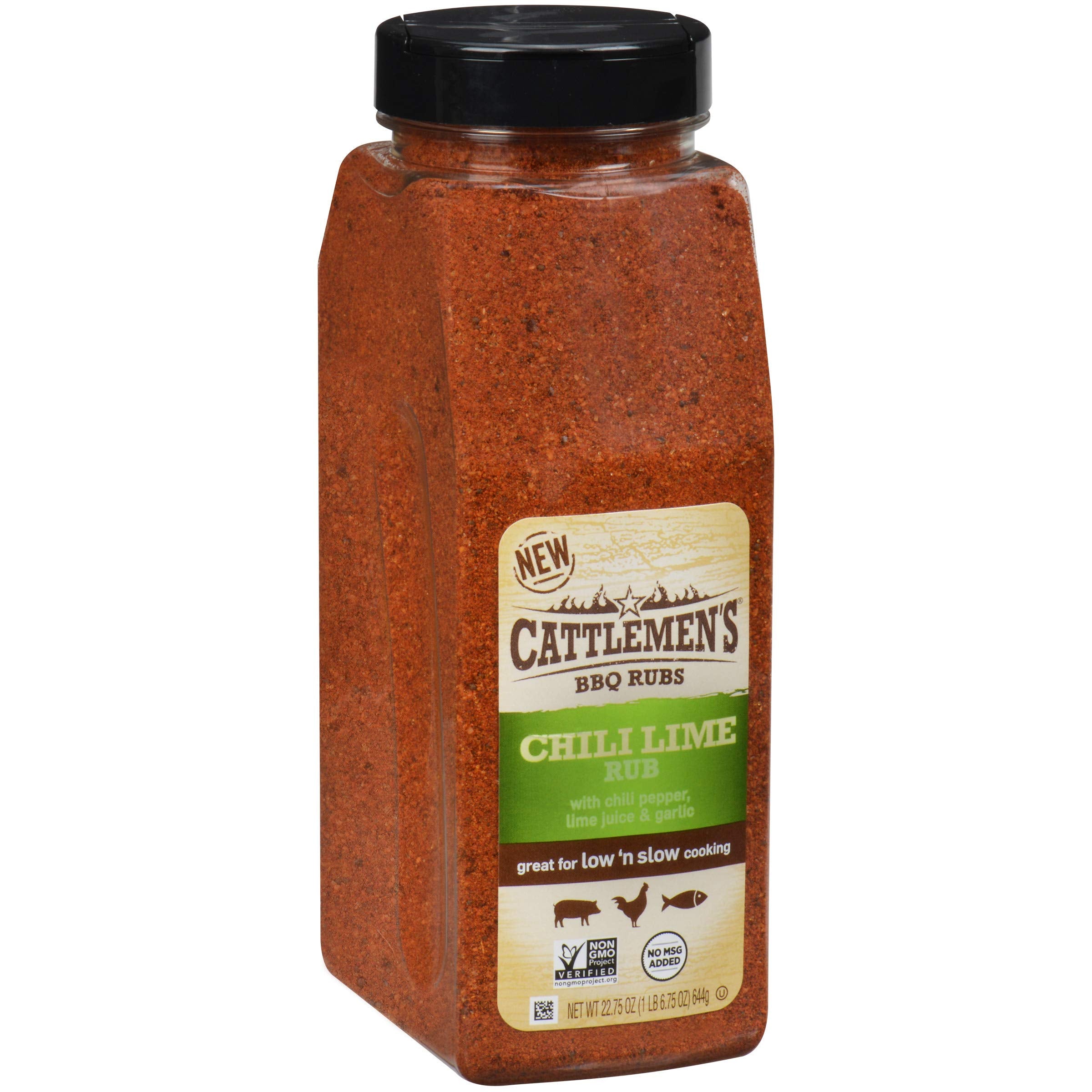 Cattlemen's front label of 22.75 oz chili lime rub showing product identity and size benefit