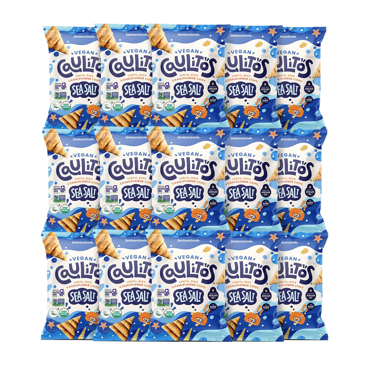Caulipuffs Caulitos front pack showing organic sea salt label and benefits
