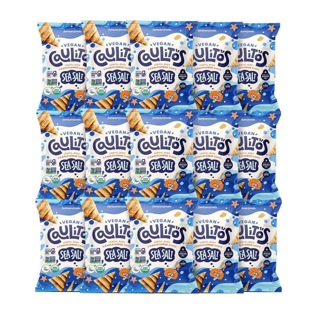 Caulipuffs Caulitos front pack showing organic sea salt label and benefits