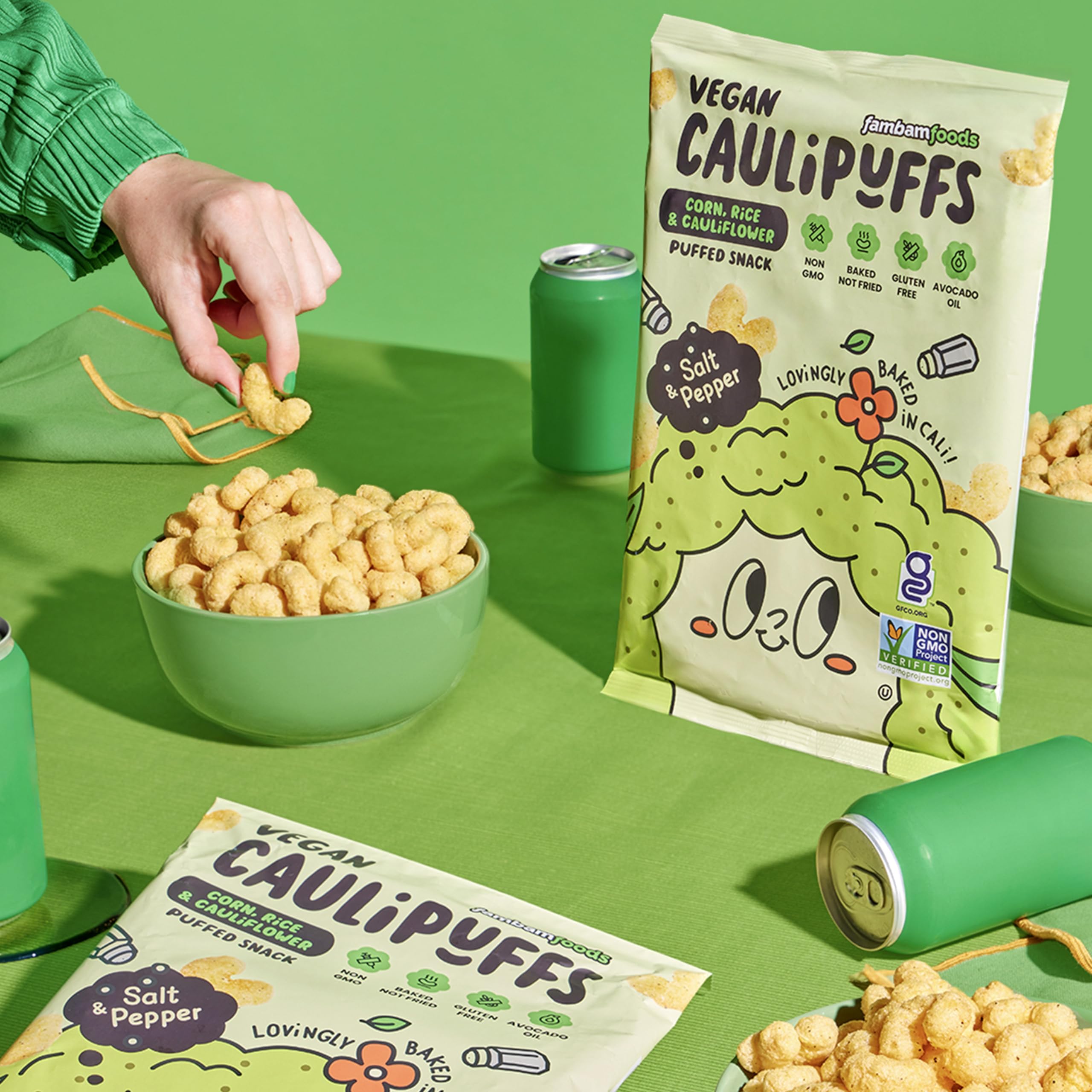 Caulipuffs with dip pairing showing how the brand complements hummus or guacamole