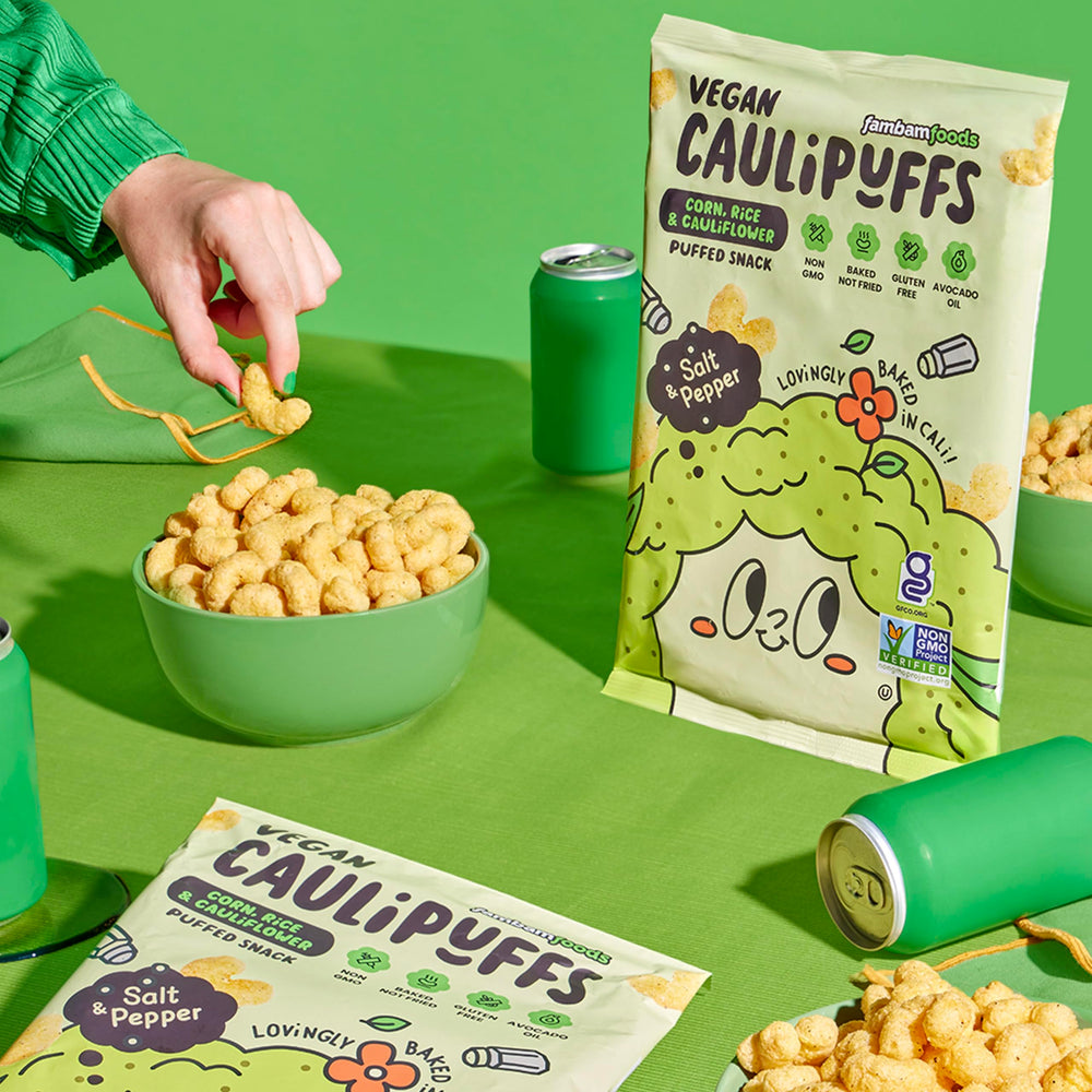 Caulipuffs with dip pairing showing how the brand complements hummus or guacamole