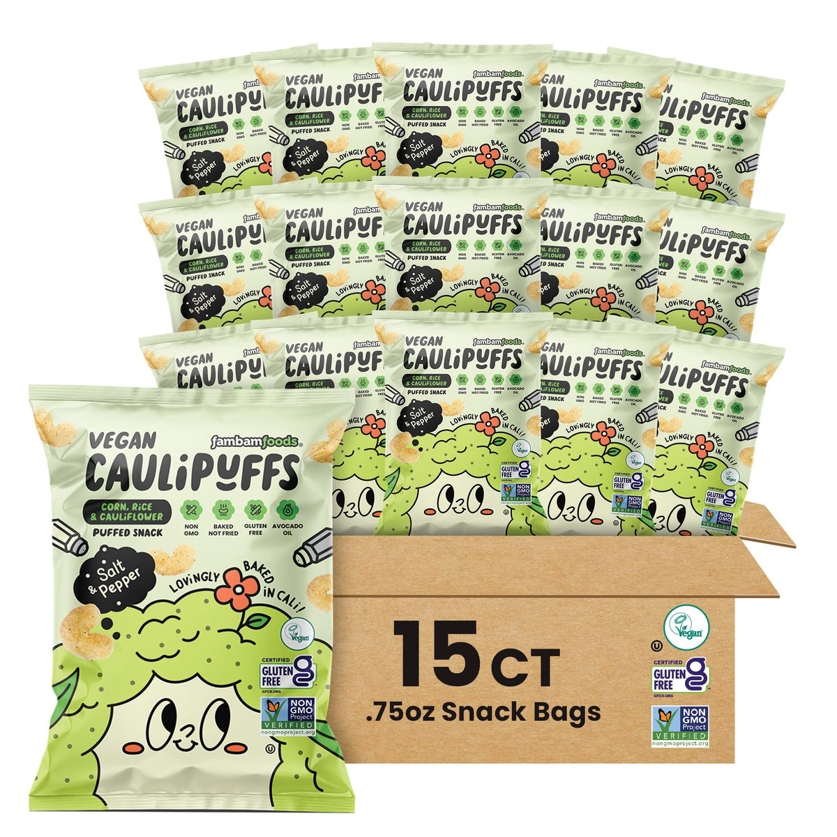 Caulipuffs front packaging showing vegan salt and pepper flavor and portion benefits