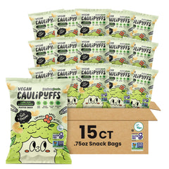 Caulipuffs front packaging showing vegan salt and pepper flavor and portion benefits