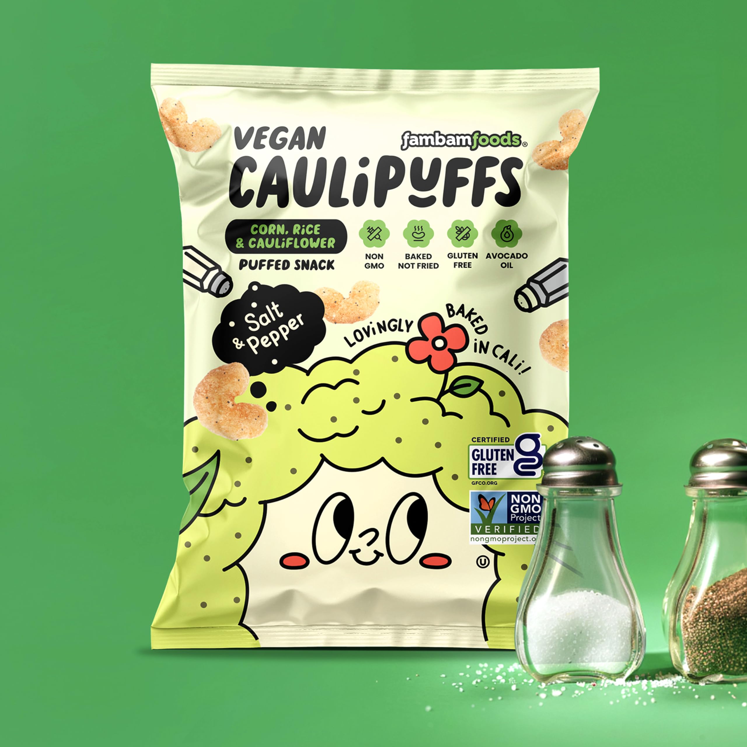 Stack of Caulipuffs multi-pack boxes in a pantry showing bulk storage convenience
