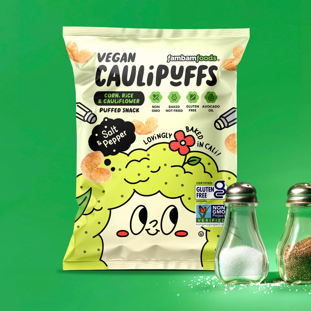 Stack of Caulipuffs multi-pack boxes in a pantry showing bulk storage convenience