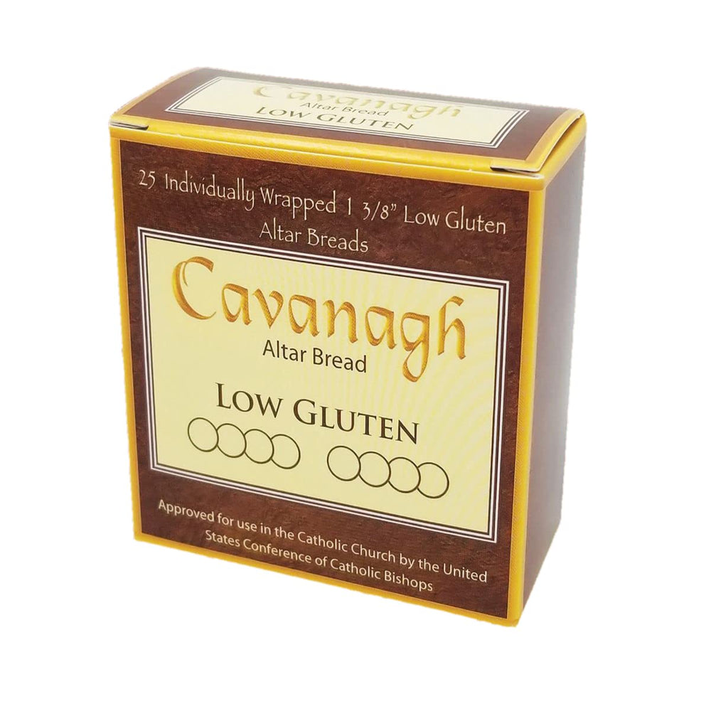 Cavanagh front box of 25 wrapped low-gluten altar wafers showing tidy packaging and ease of use