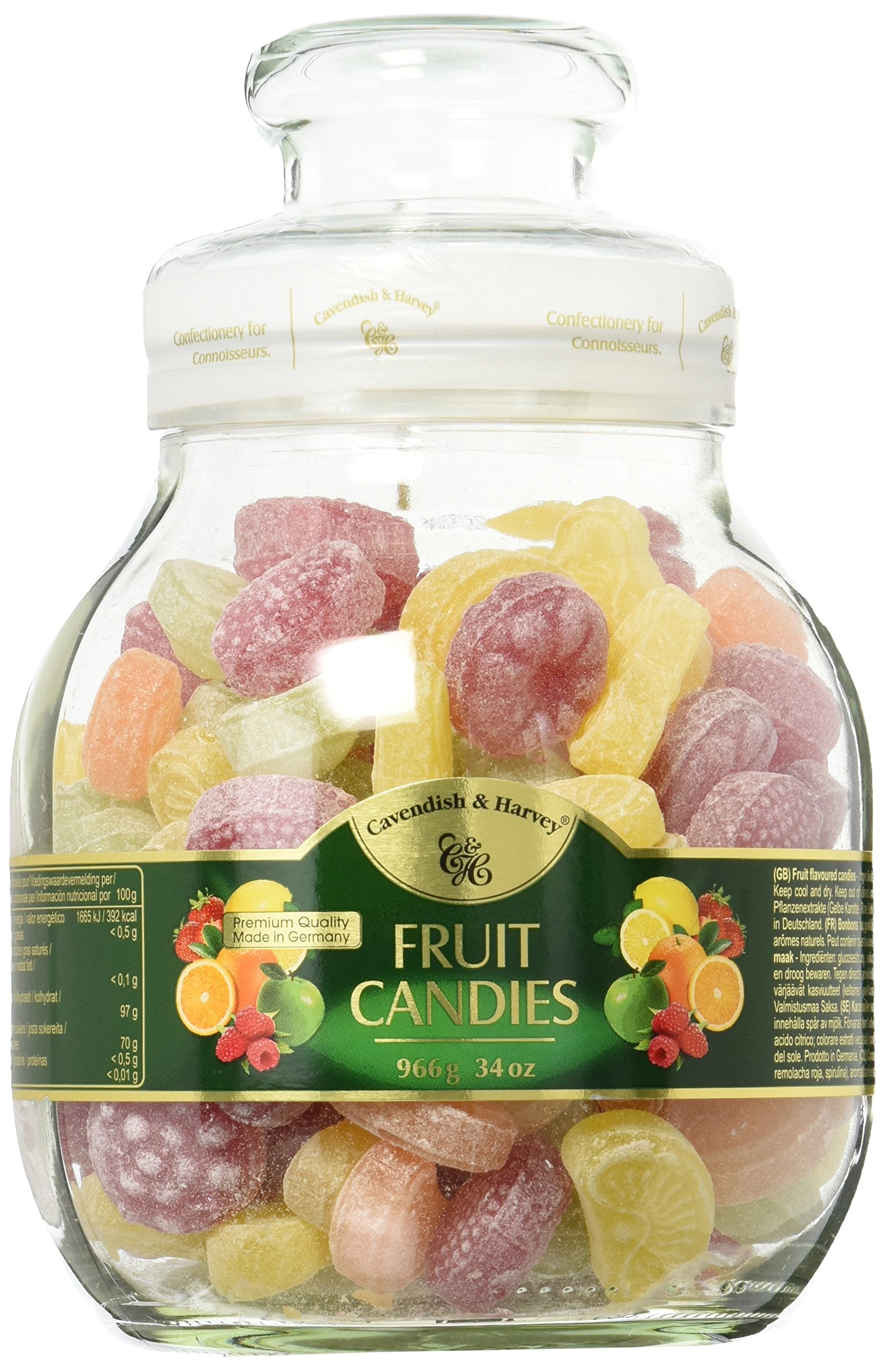 Cavendish & Harvey glass jar front view showing colorful fruit candies and attractive display
