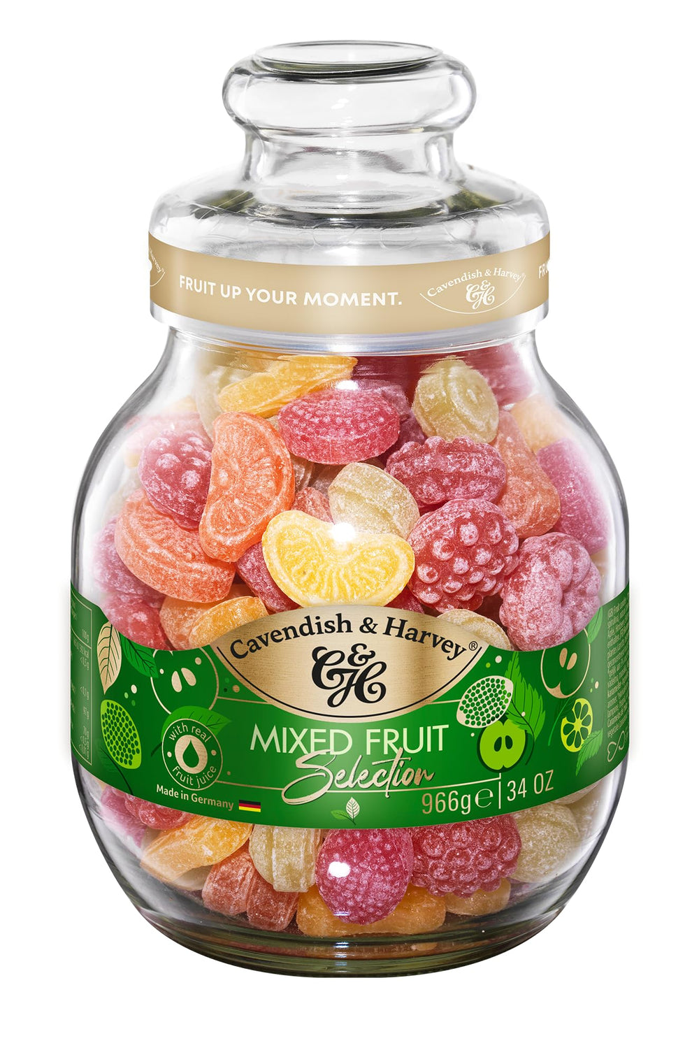Cavendish & Harvey front jar shot showing elegant tin and mixed fruit colors, gift-ready
