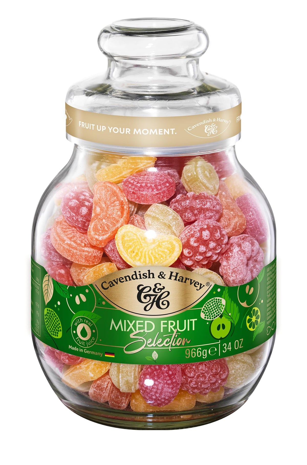 Cavendish & Harvey front jar shot showing elegant tin and mixed fruit colors, gift-ready