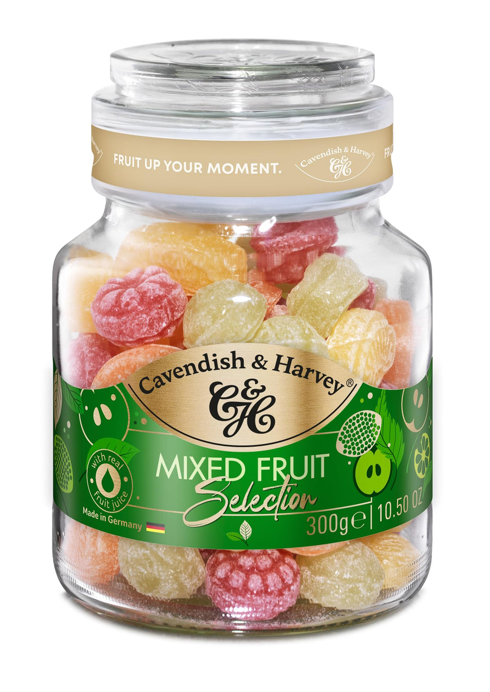 Cavendish & Harvey front jar view showing mixed fruit drops and gift-ready look