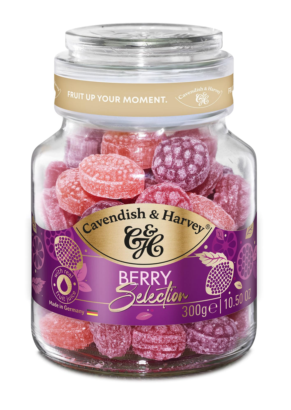 Cavendish & Harvey front packaging jar showing mixed berry candies and premium presentation benefits