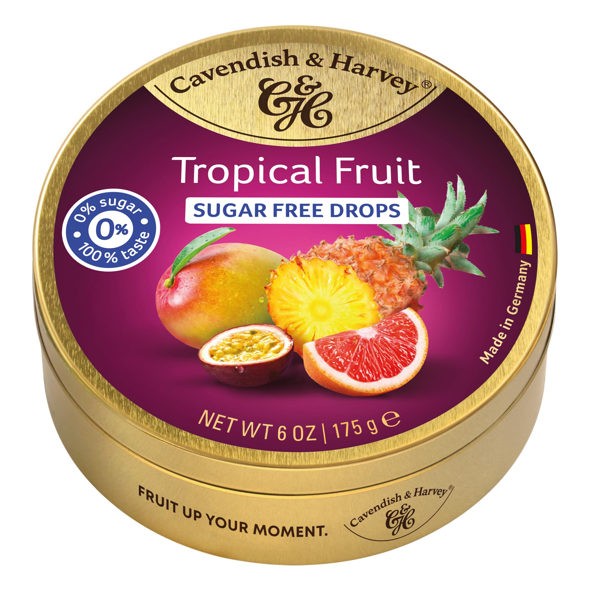 Cavendish & Harvey front-facing tin showing brand and tropical design for gifting