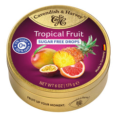Cavendish & Harvey front-facing tin showing brand and tropical design for gifting