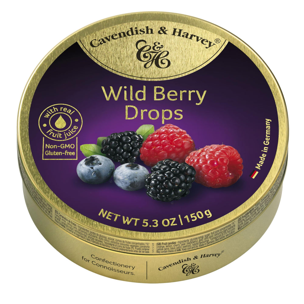 Cavendish & Harvey tin front view showing wild berry drops and elegant packaging appeal