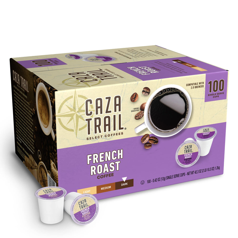 Caza Trail front packaging showing 100-count pods and bold roast benefit