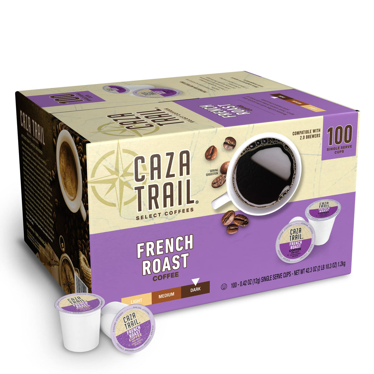 Caza Trail front packaging showing 100-count pods and bold roast benefit