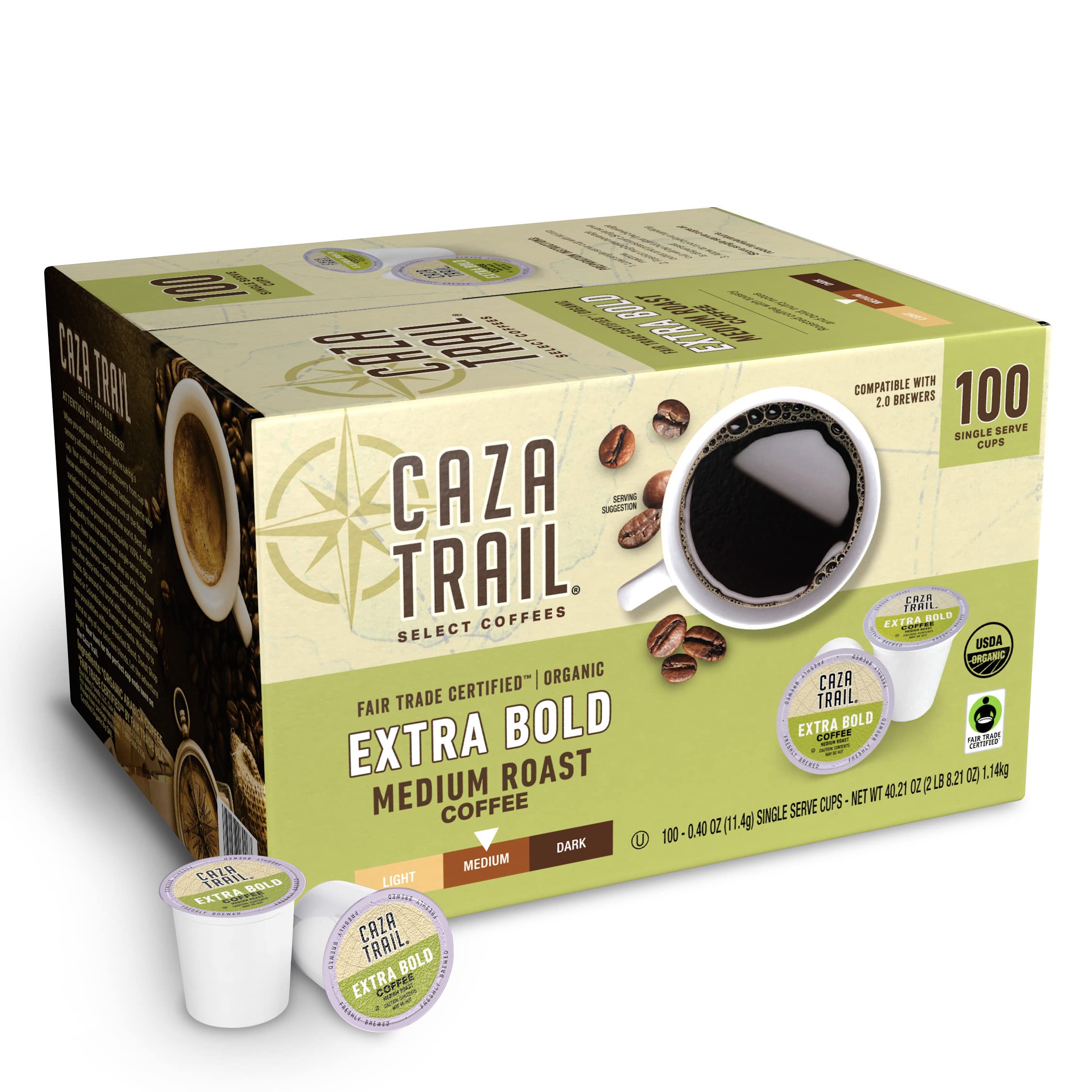 Caza Trail front packaging showing 100-count box and bold medium roast benefits