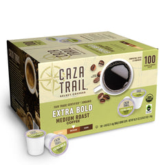 Caza Trail front packaging showing 100-count box and bold medium roast benefits