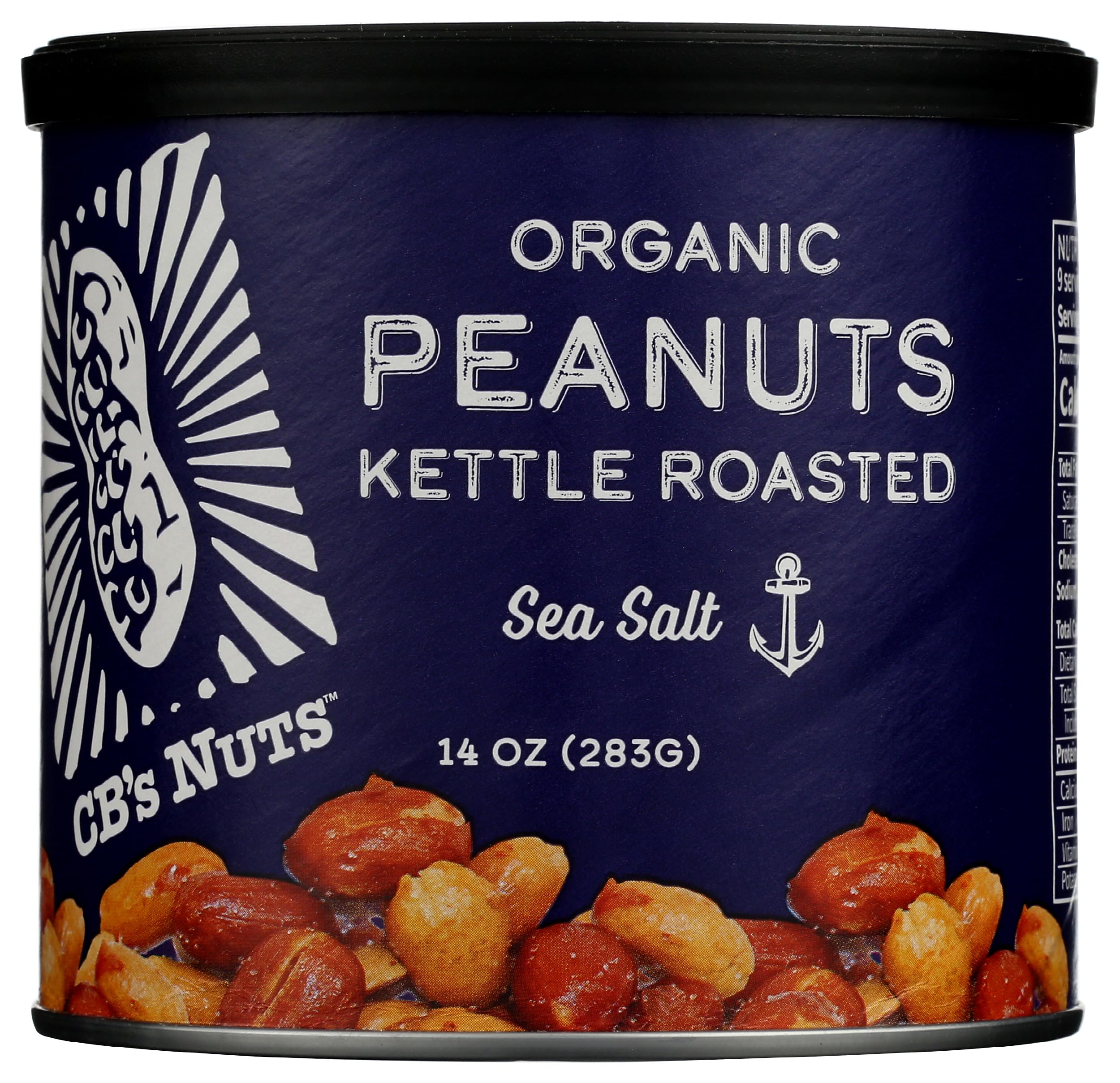 CB's Nuts front can showing organic sea salt label and snack appeal