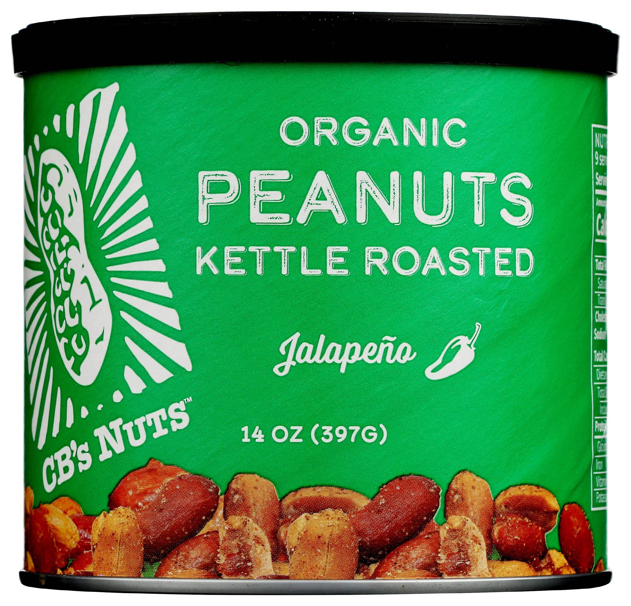 CB's Nuts can front view showing organic jalapeño label and appeal