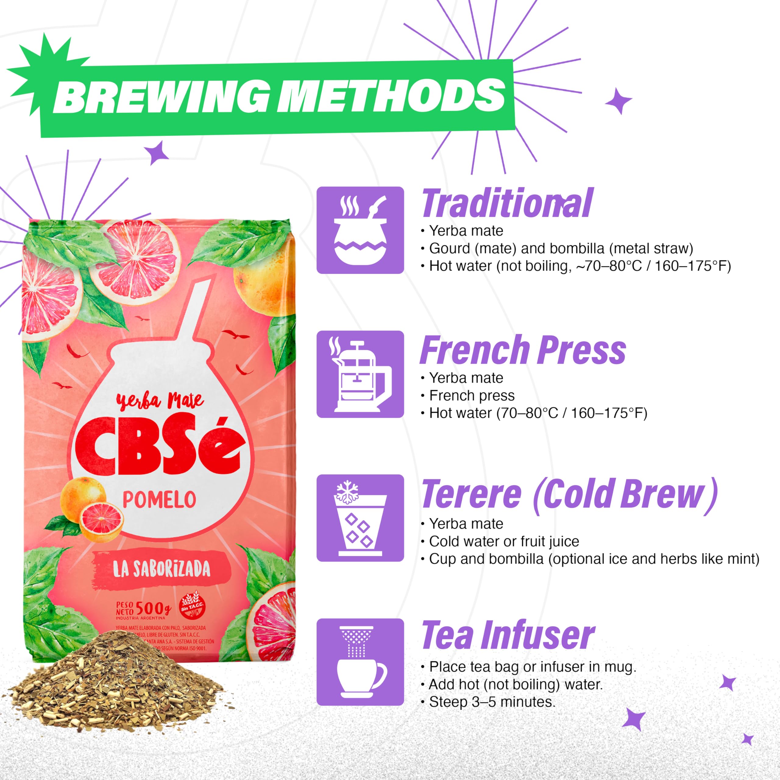 CBSe loose yerba mate leaves with visible texture and grapefruit pieces for aromatic flavor