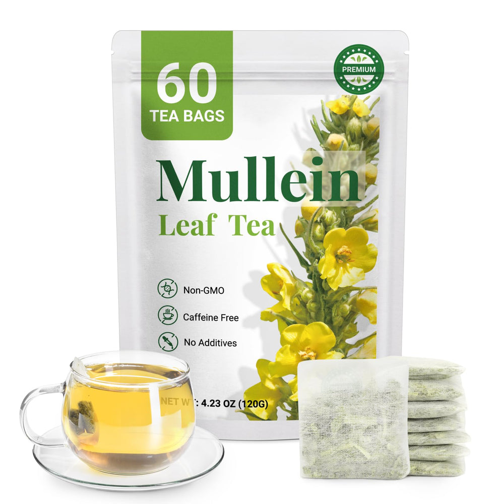 CCnature front packaging showing 60 mullein tea bags and benefits