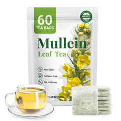CCnature front packaging showing 60 mullein tea bags and benefits