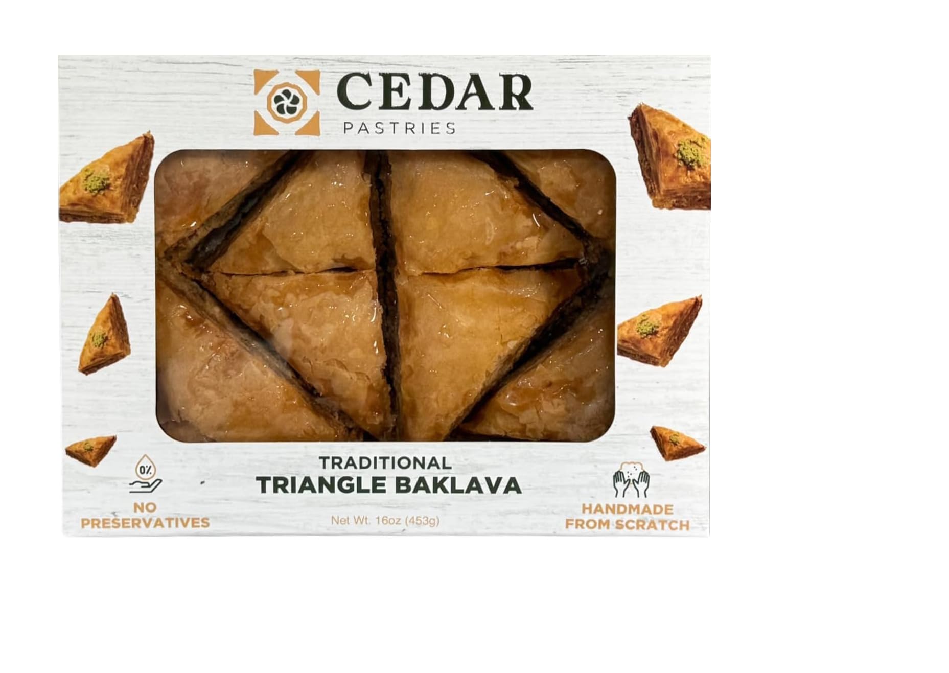 Cedar Pastries front pack showing 8-piece grab-and-go baklava, convenient and authentic