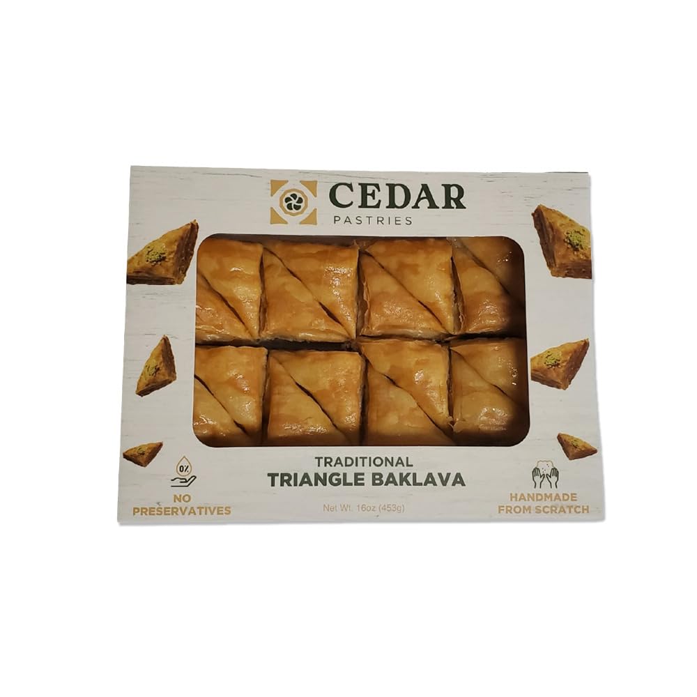 Cedar Pastries front packaging showing 16 mini baklava triangles and branding benefit presentation