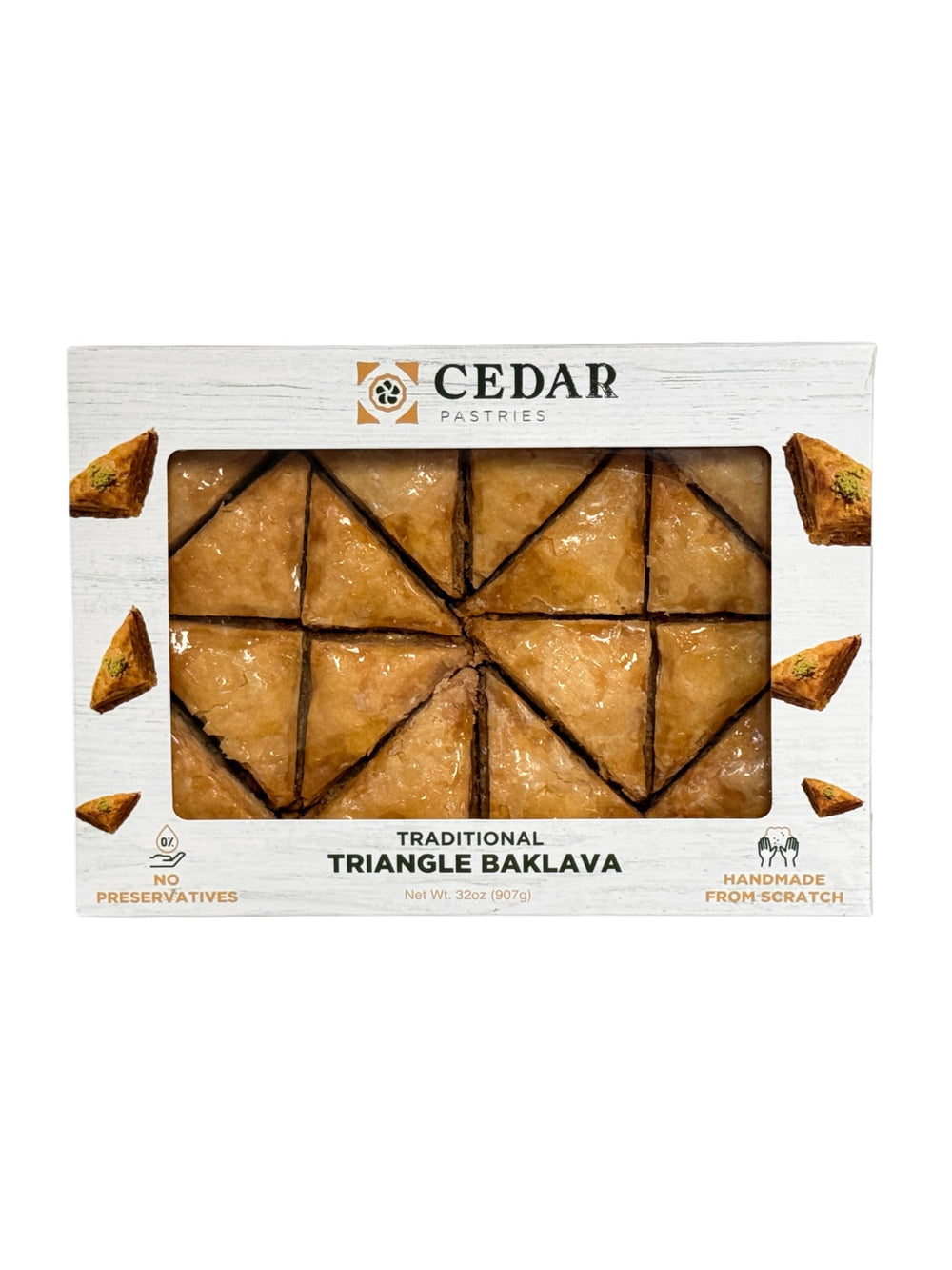 Cedar Pastries front packaging of 16-piece baklava assortment shows variety and gift-ready look