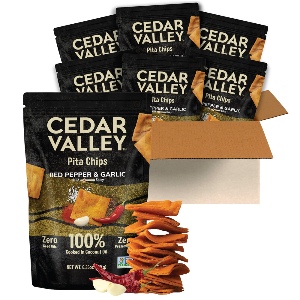 Cedar Valley front packaging showing red pepper garlic flavor and 6-pack benefit