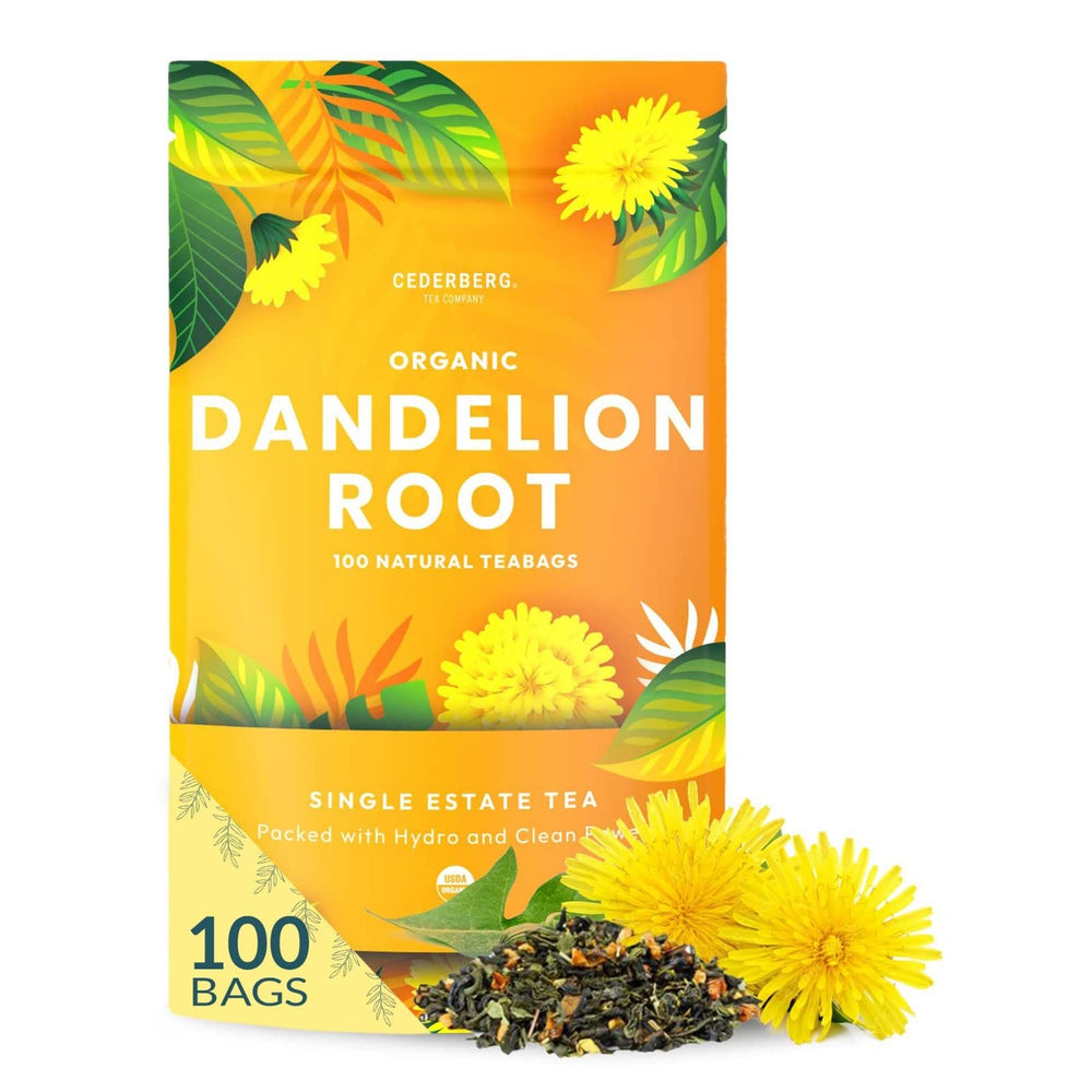 Cederberg Tea Company front box view showing organic dandelion root tea — clear product info and freshness