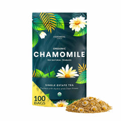 Cederberg Tea Company front packaging showing organic chamomile and 100 bags benefit clarity