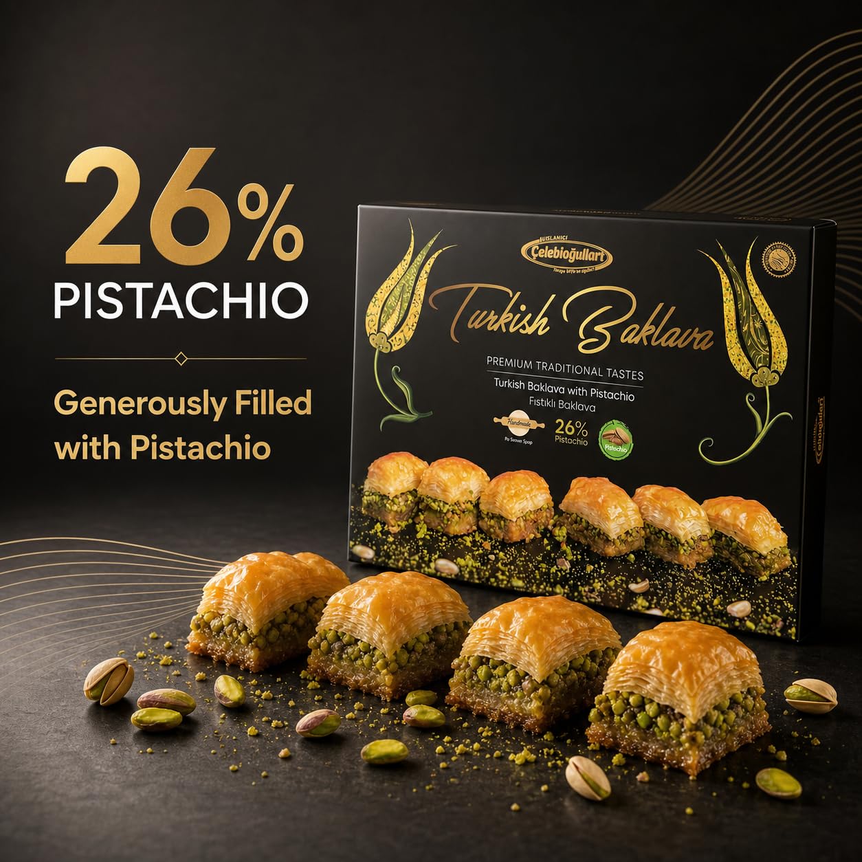 ÇELEBİOĞULLARI sliced baklava top view highlighting uniform pieces and serving ease