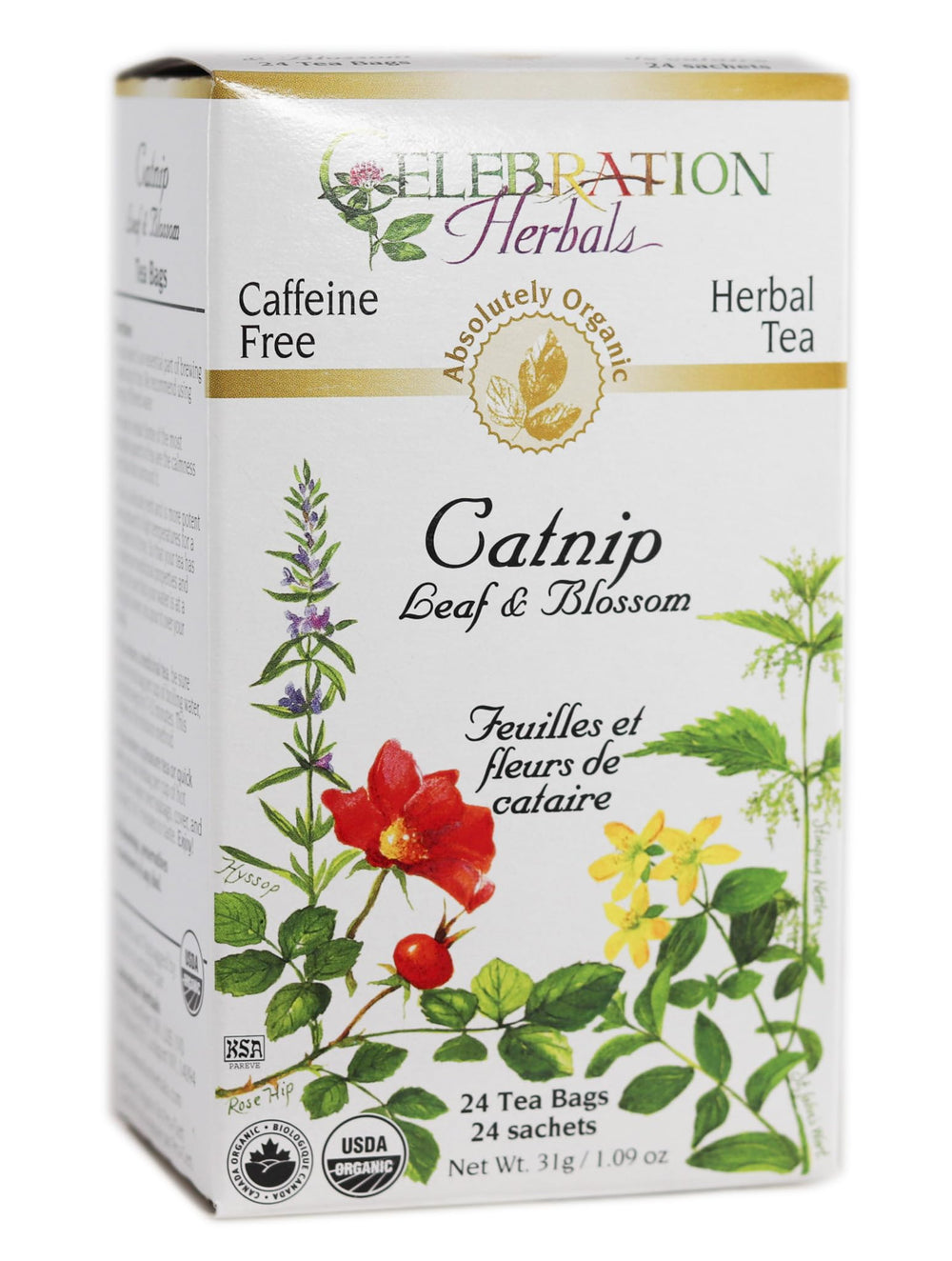 Celebration Herbals box front showing 24 teabags and organic labeling for convenience