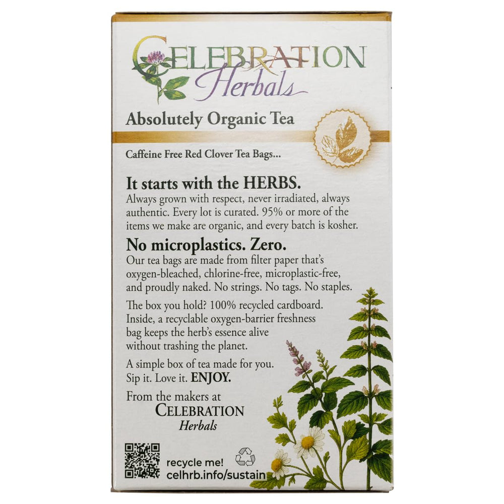 Brewed cup of Celebration Herbals red clover tea with warm color and calming presentation