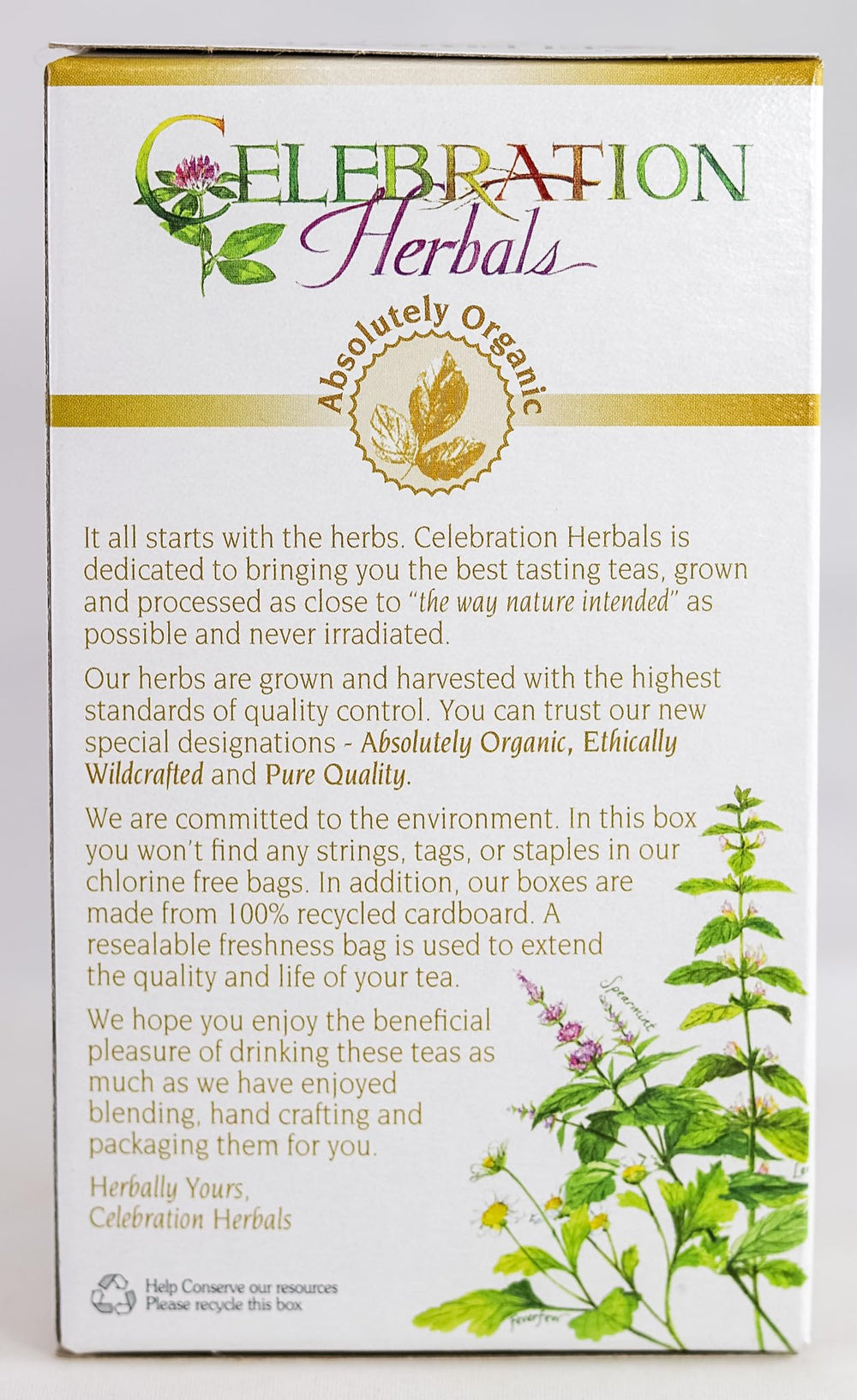 Celebration Herbals packaging side label showing organic certification and ingredient list