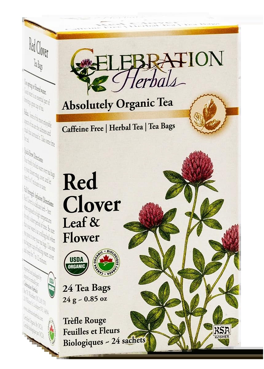 Celebration Herbals front packaging showing organic red clover tea, clear branding and benefits