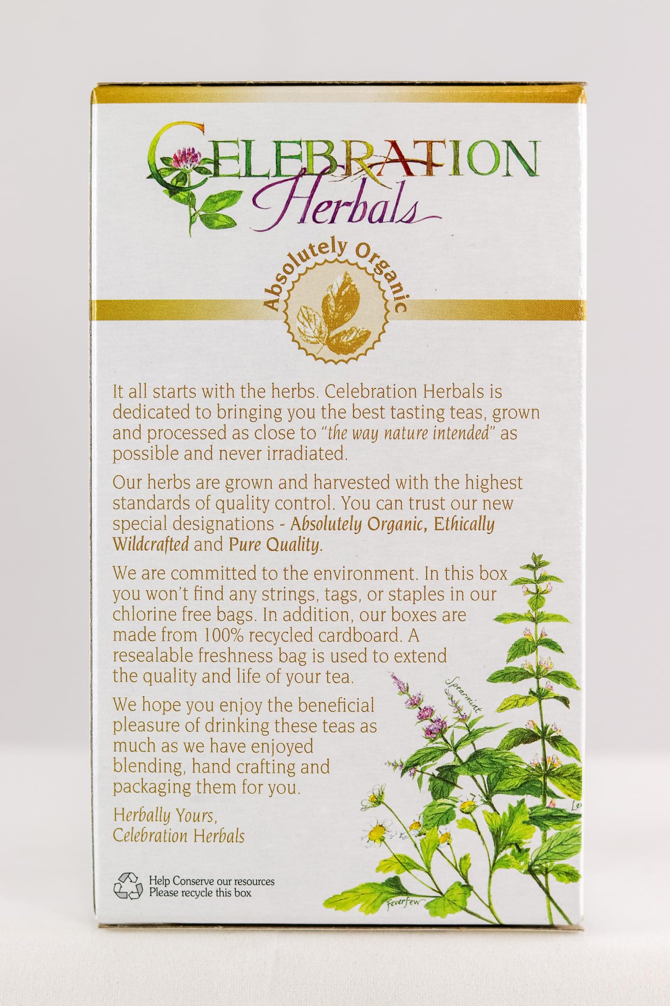 Celebration Herbals tea bag in hand for scale and convenient portioning