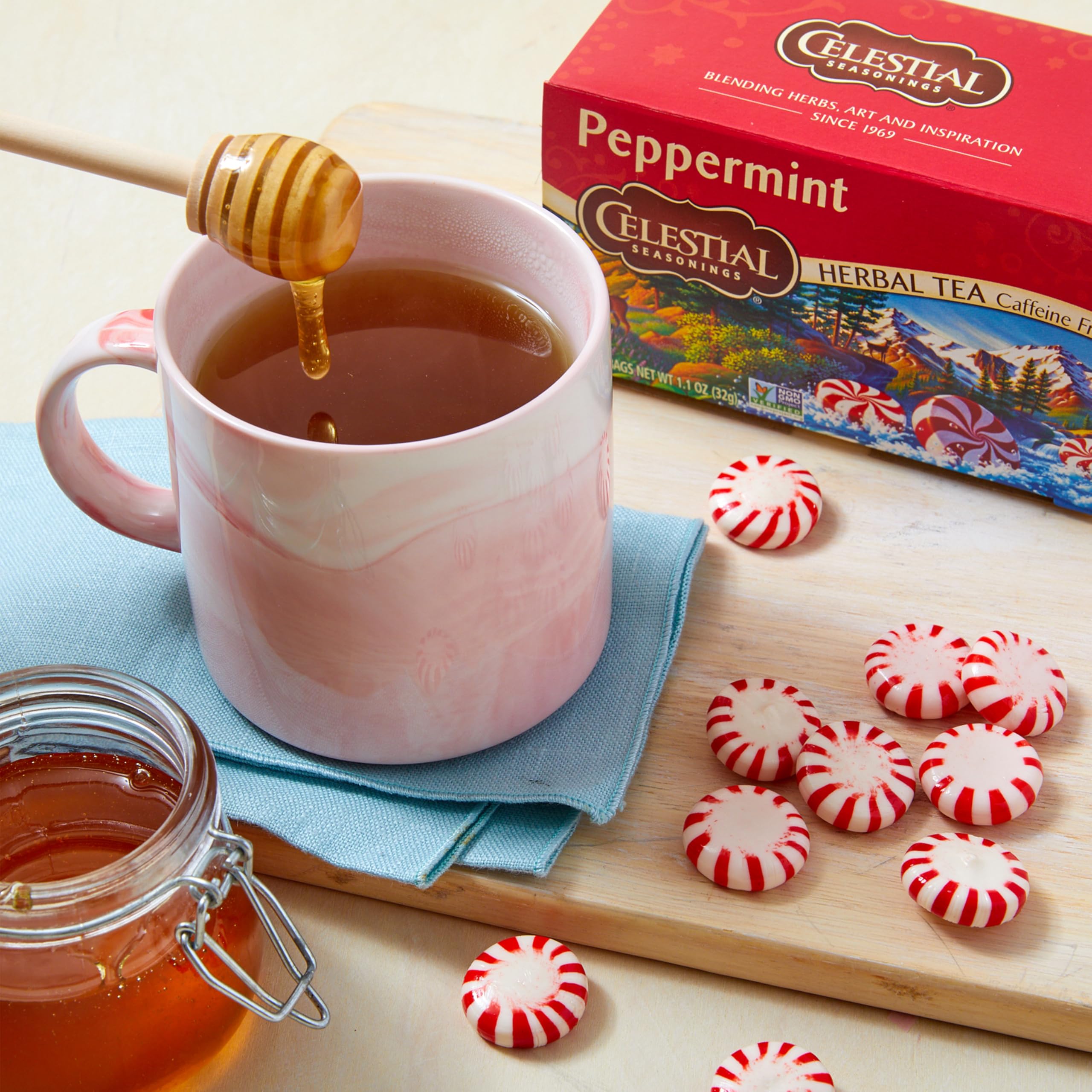 Celestial Seasonings tea bags close-up highlighting individual wrap freshness benefit