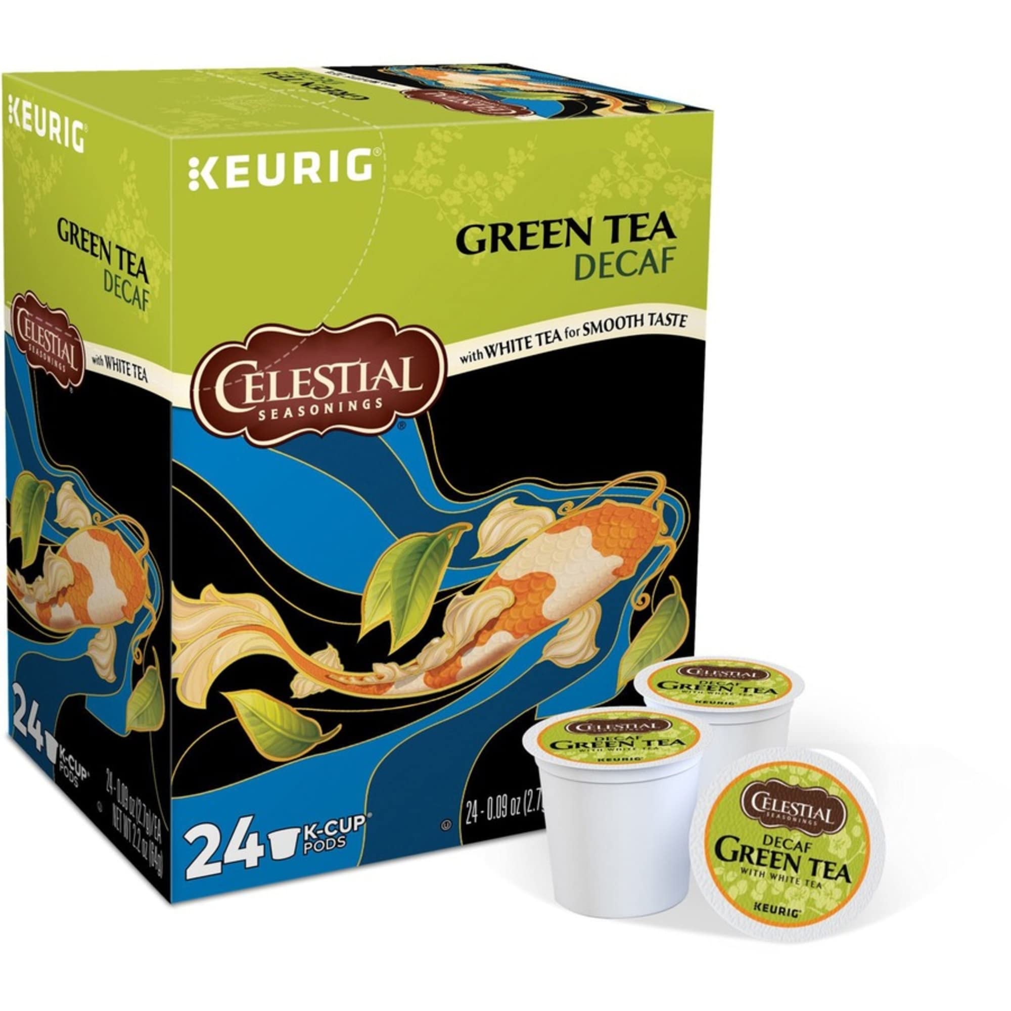 Celestial Seasonings 24-pod box beside cup to show quantity and easy brewing benefit