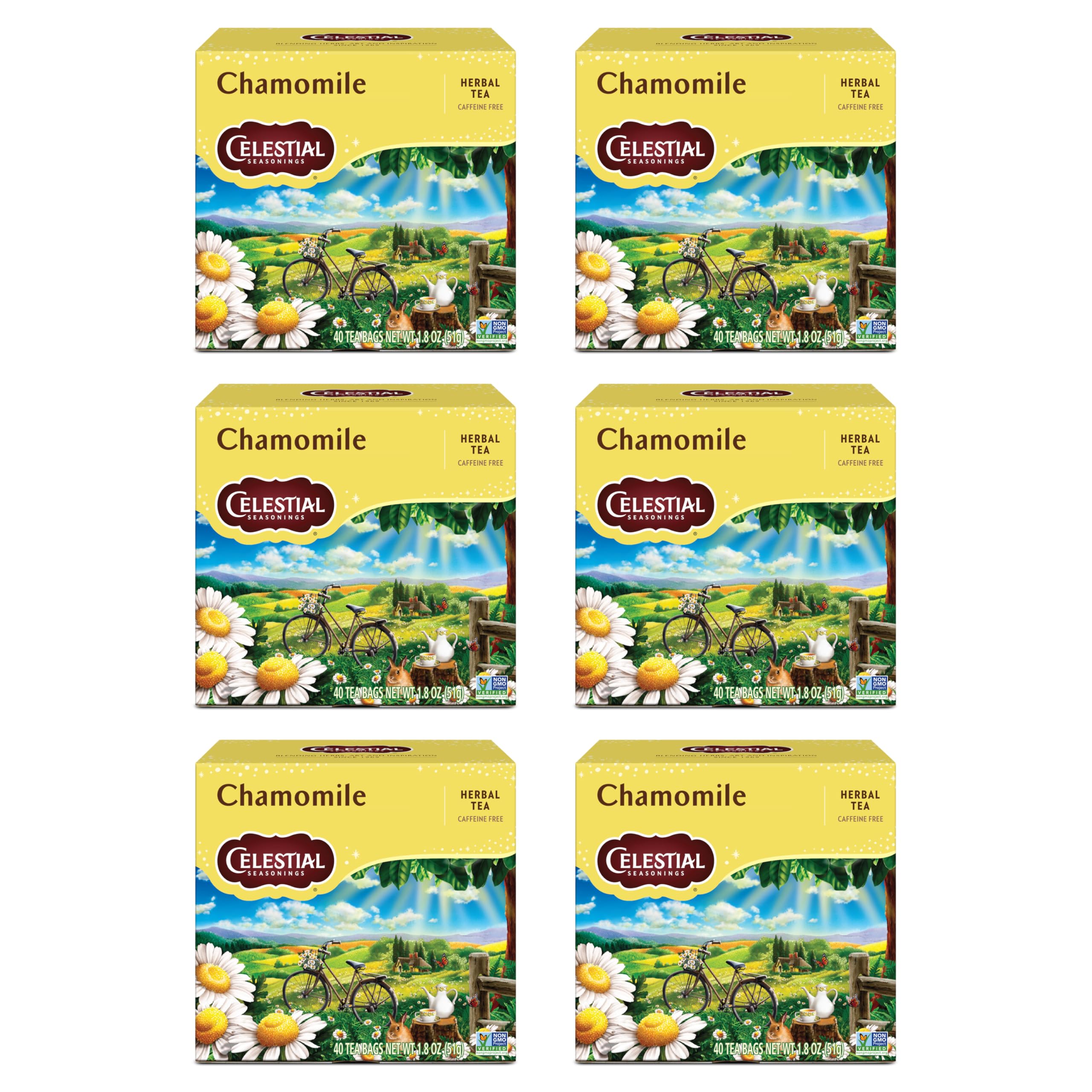 Celestial Seasonings front packaging showing six boxes and product benefit convenience