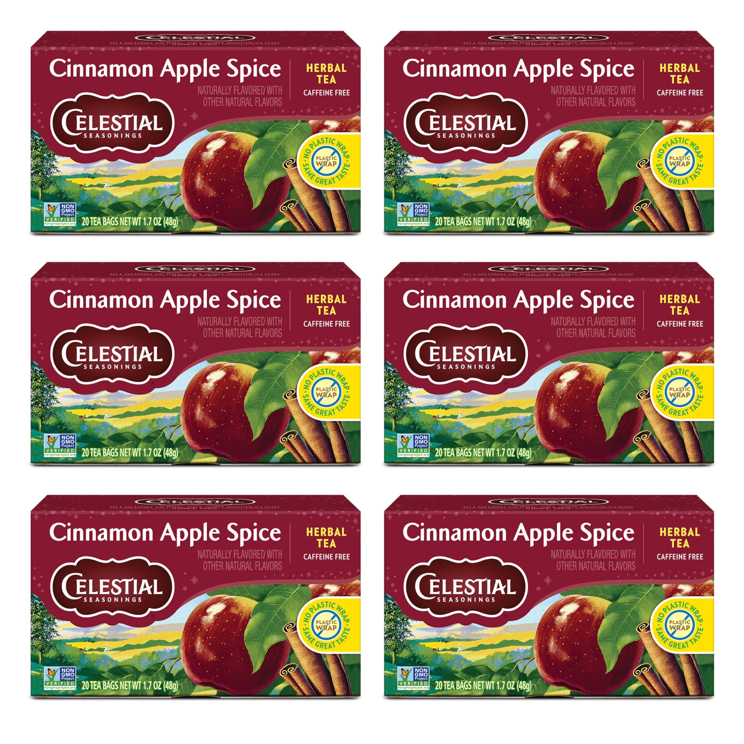 Celestial Seasonings front box showing cinnamon apple blend and benefits