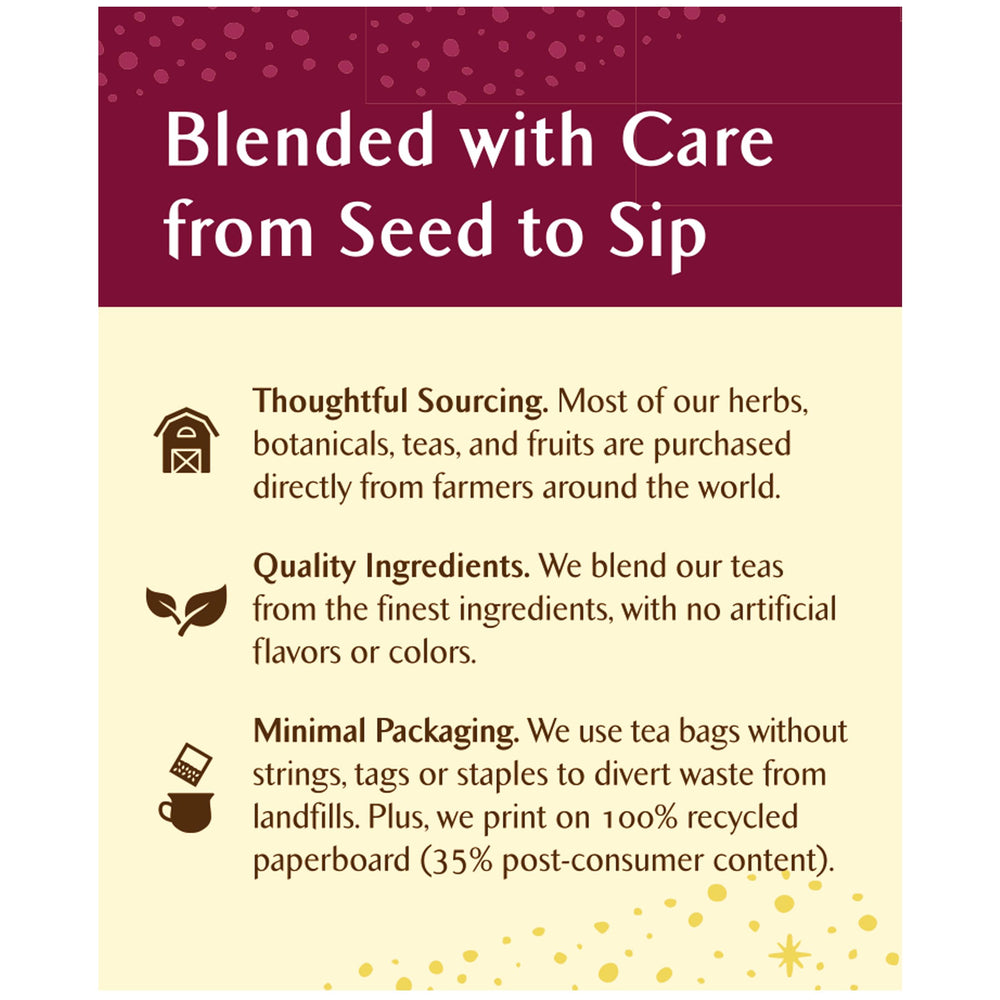 Brewed cup of Celestial Seasonings tea with deep crimson color delivering festive visual appeal