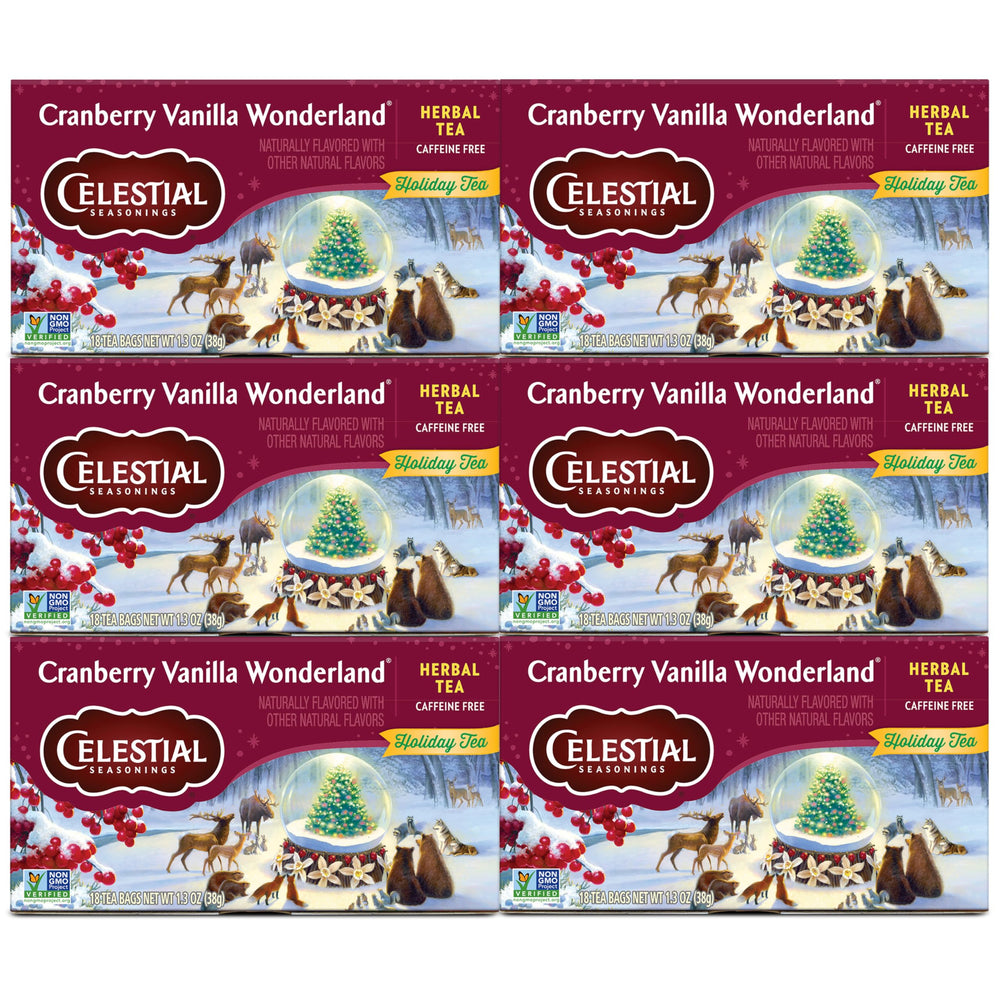 Celestial Seasonings front packaging showing six 18-count boxes and seasonal design, clear supply benefit